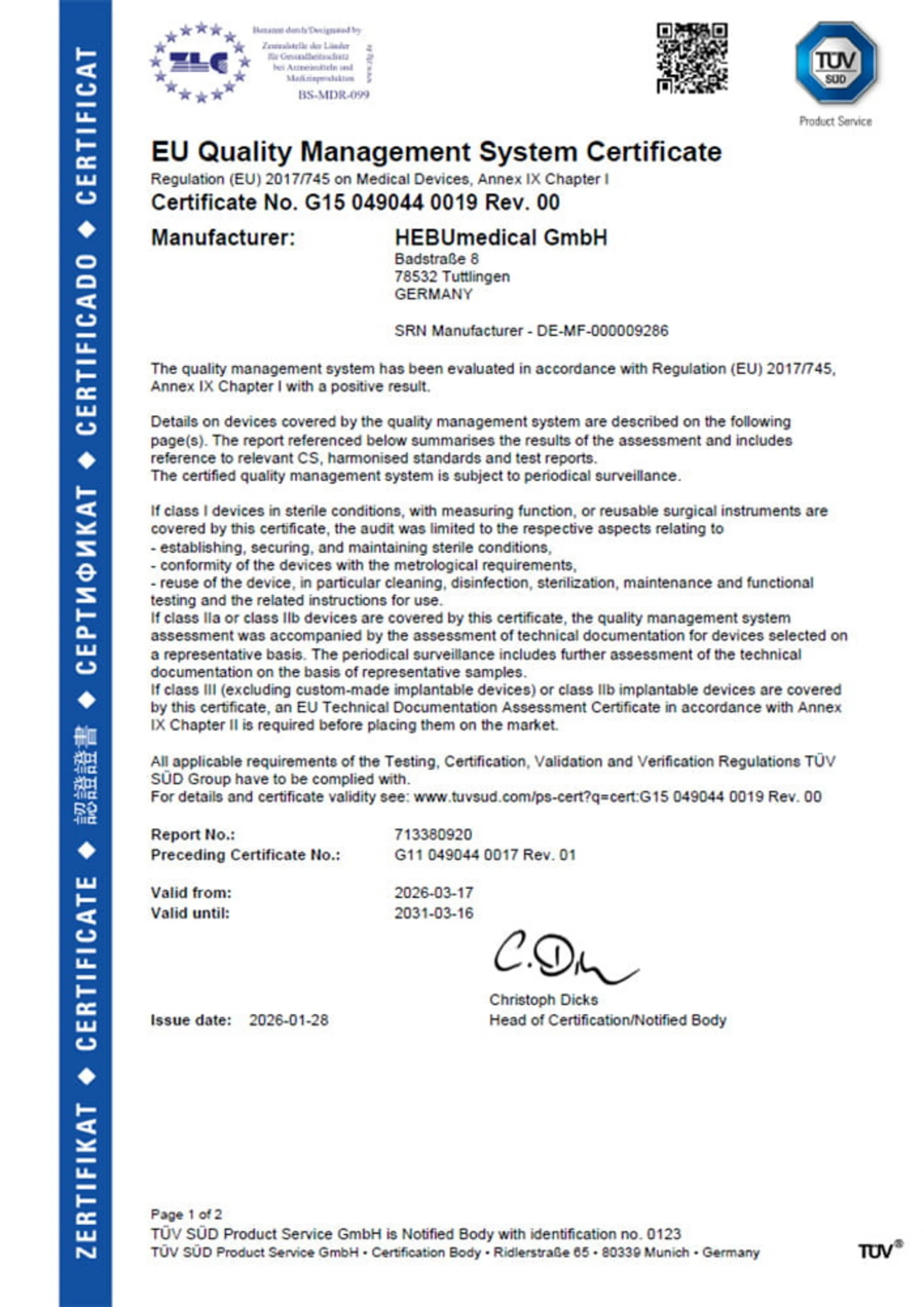 Certificado do Sistema de Gestão da Qualidade da UE para a HEBUmedical GmbH conforme MDR (UE) 2017/745, emitido pela TÜV SÜD, válido de 17 de março de 2026 a 16 de março de 2031