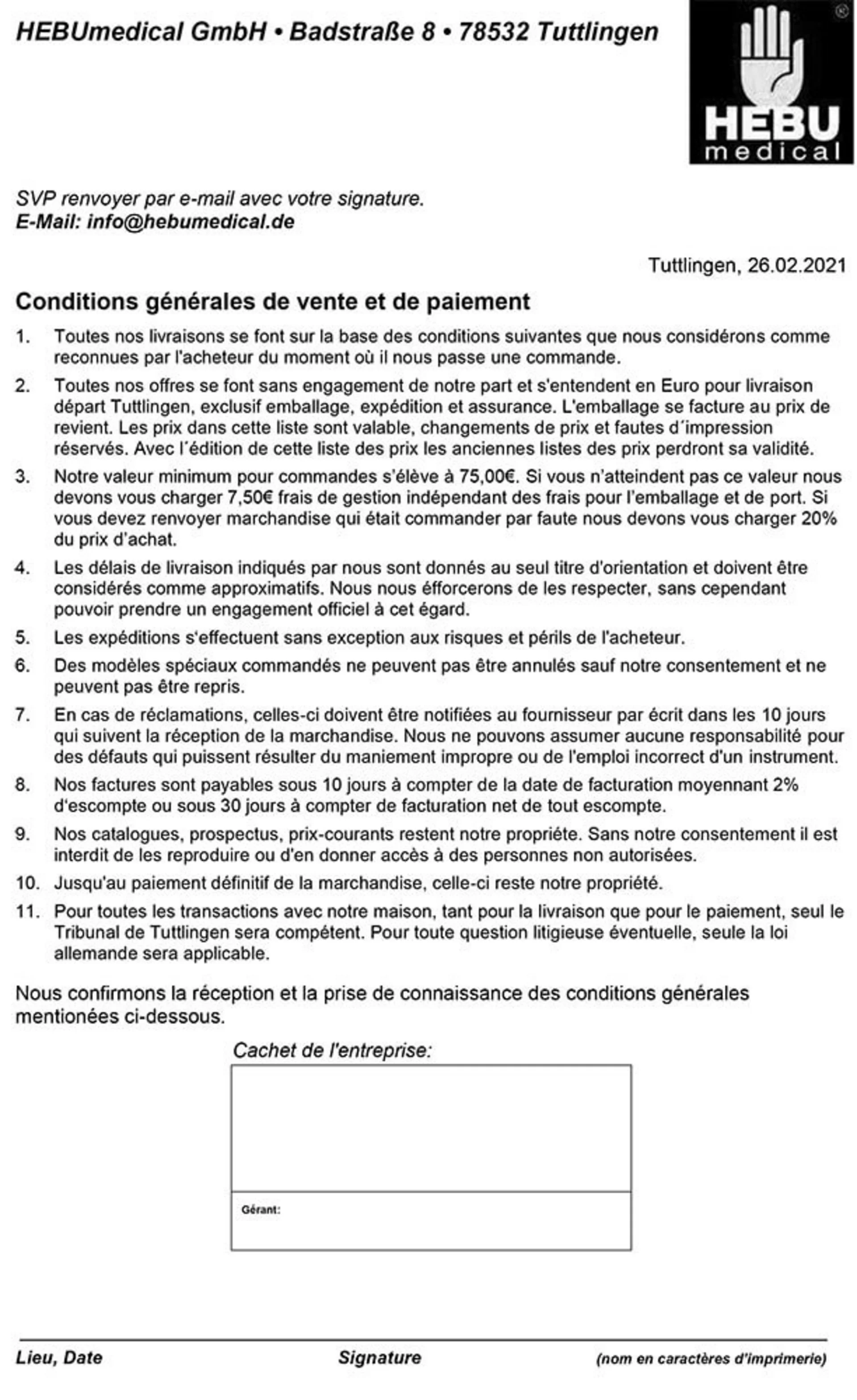 Conditions générales de livraison et de paiement – HEBUmedical GmbH Conditions générales de livraison et de paiement de HEBUmedical GmbH (document)