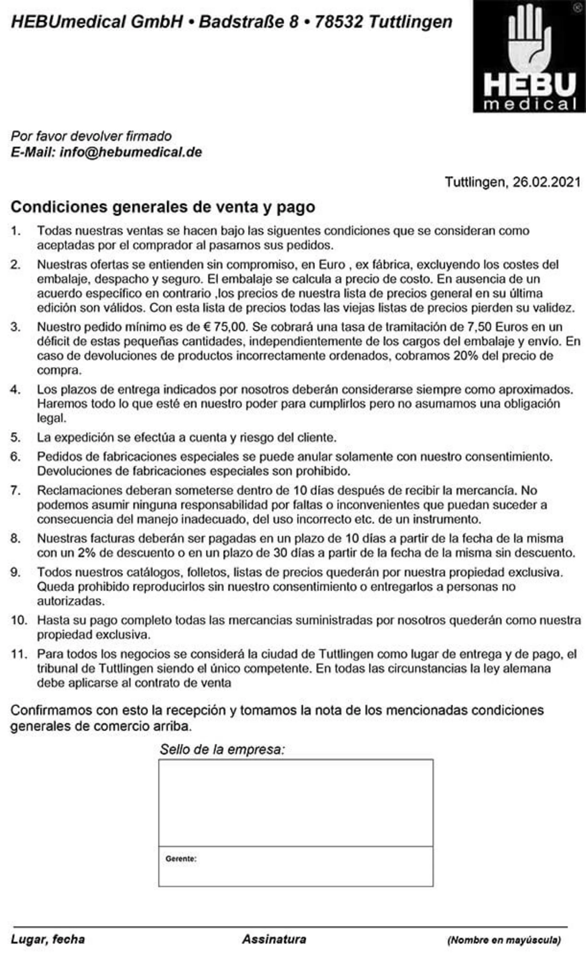 Condiciones generales de entrega y pago de HEBUmedical GmbH (documento)