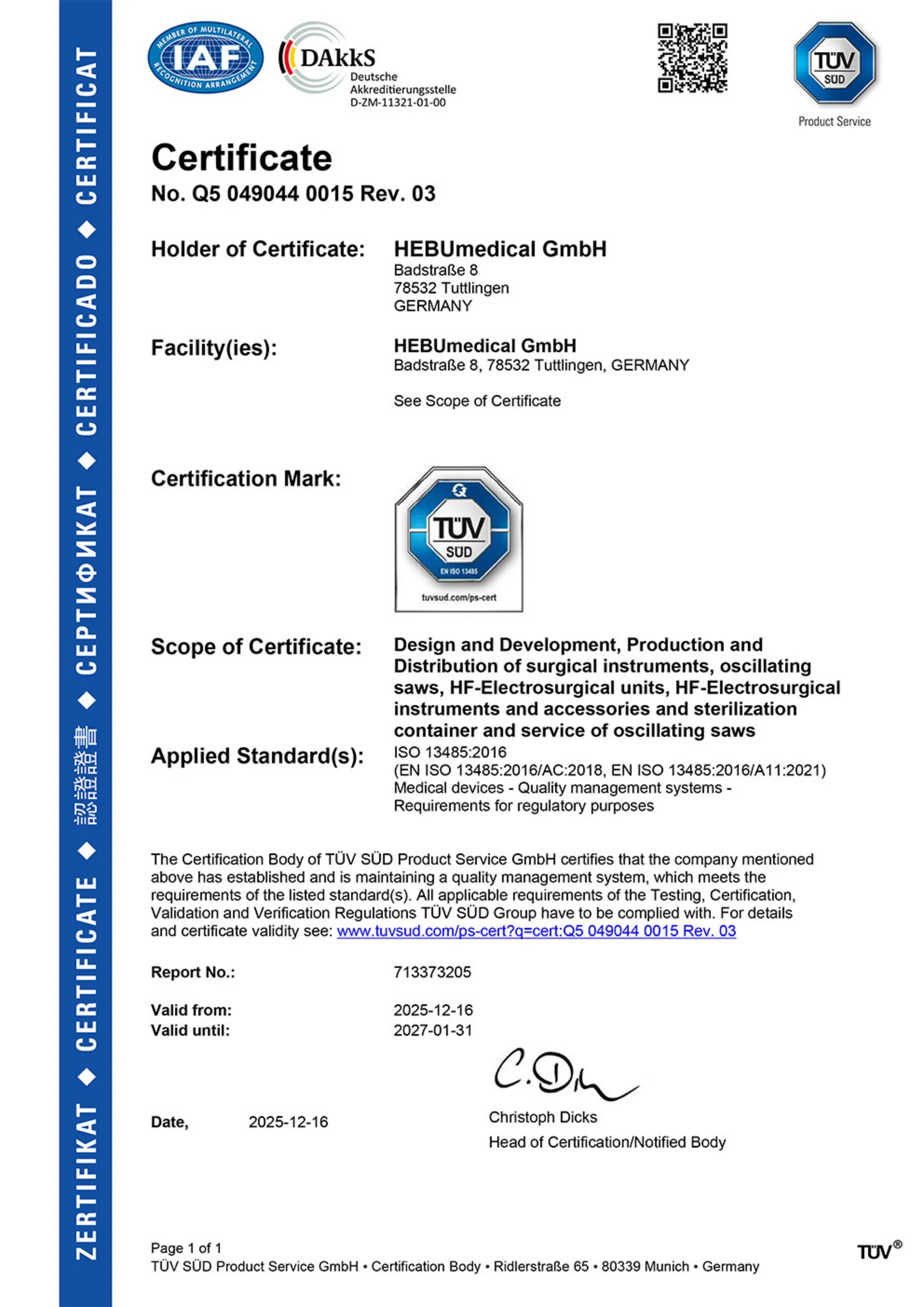 EU-MDR Zertifikat für das Qualitätsmanagementsystem von HEBUmedical