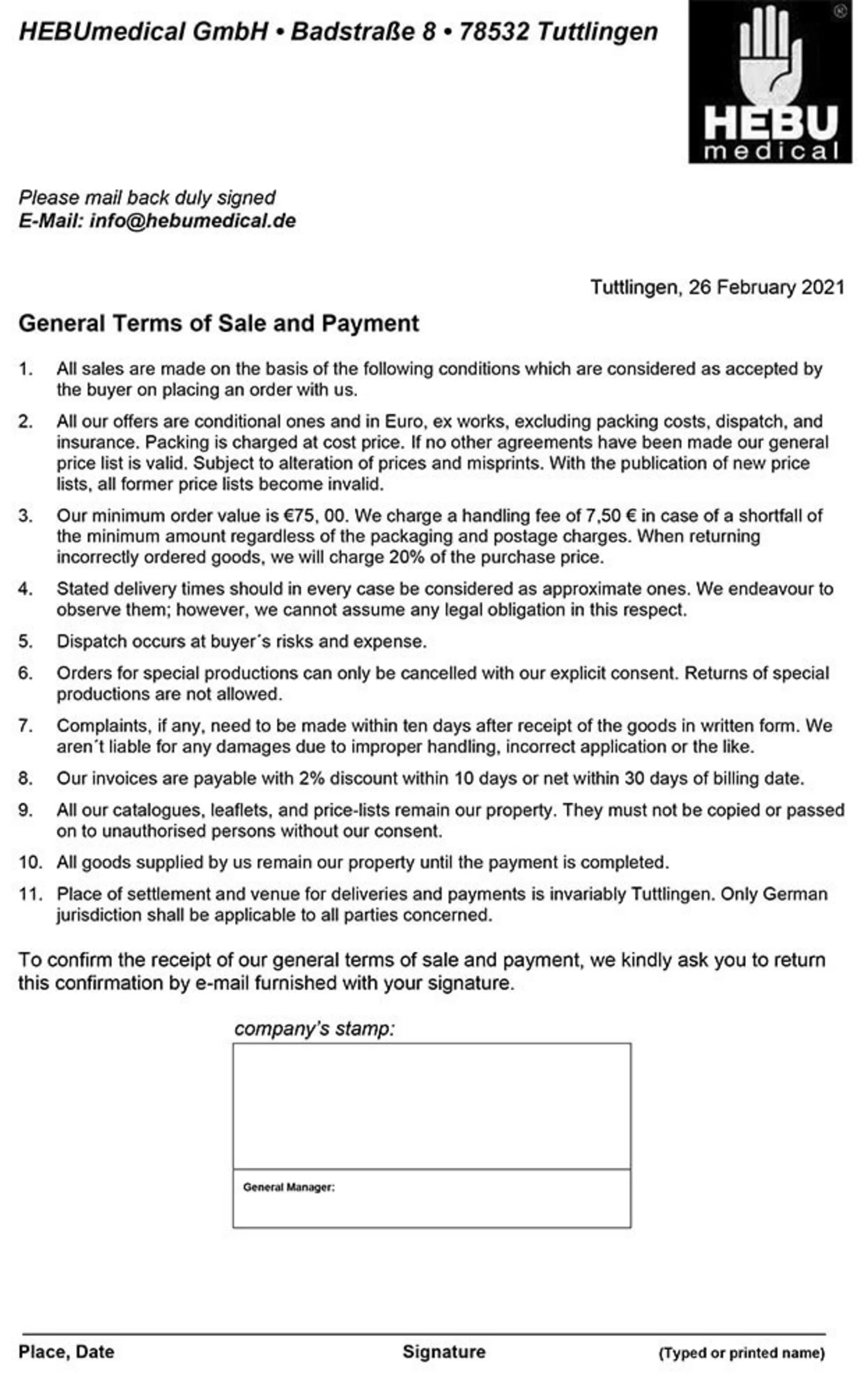 Terms and Conditions of Delivery and Payment – HEBUmedical GmbH Terms and conditions of delivery and payment of HEBUmedical GmbH (document)